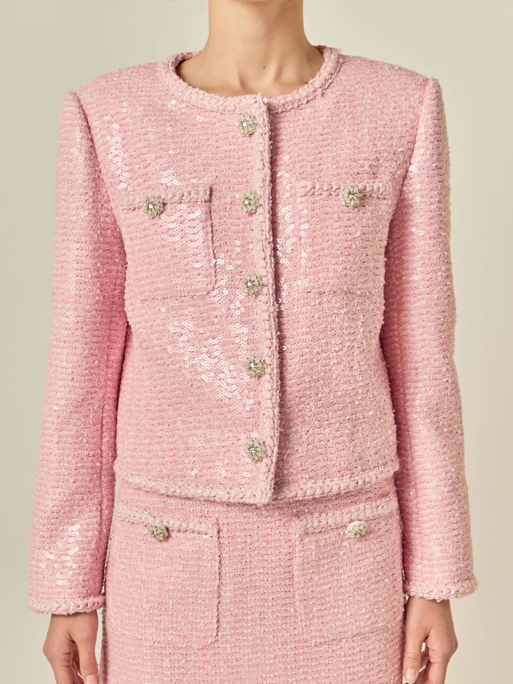 English Factory sequin Pink Tweed Blazer with Jeweled Buttons